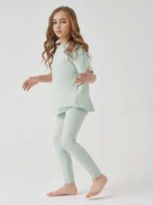 SHEIN Girls Cotton Drop Shoulder Top & Leggings Set - Mint Green - View 3