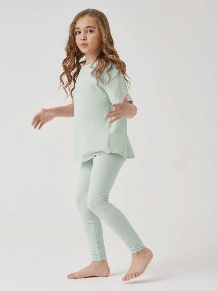 SHEIN 女孩含棉落肩袖上衣和緊身褲套裝 - 薄荷綠 - 查看 3