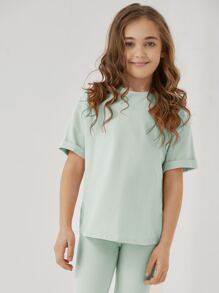 SHEIN Girls Cotton Drop Shoulder Top & Leggings Set - Mint Green - View 4