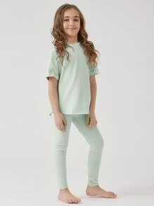 SHEIN Girls Cotton Drop Shoulder Top & Leggings Set - Mint Green - View 5