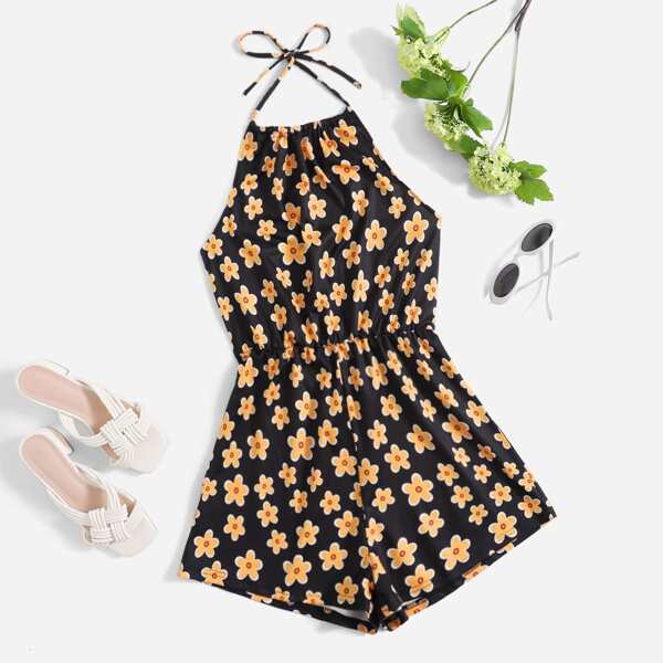 

Plus Allover Floral Print Halter Romper, Multicolor