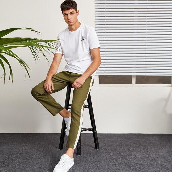 

Men Side Seam Slant Pocket Drawstring Waist Pants, Army green