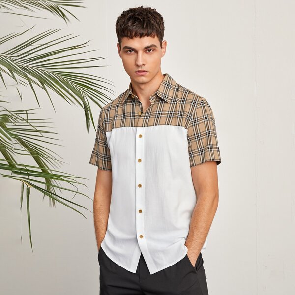

Men Plaid Print Button Up Shirt, White