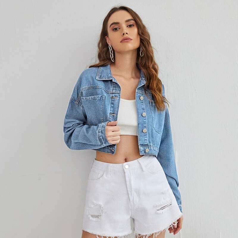 

Drop Shoulder Button Front Denim Jacket, Light wash