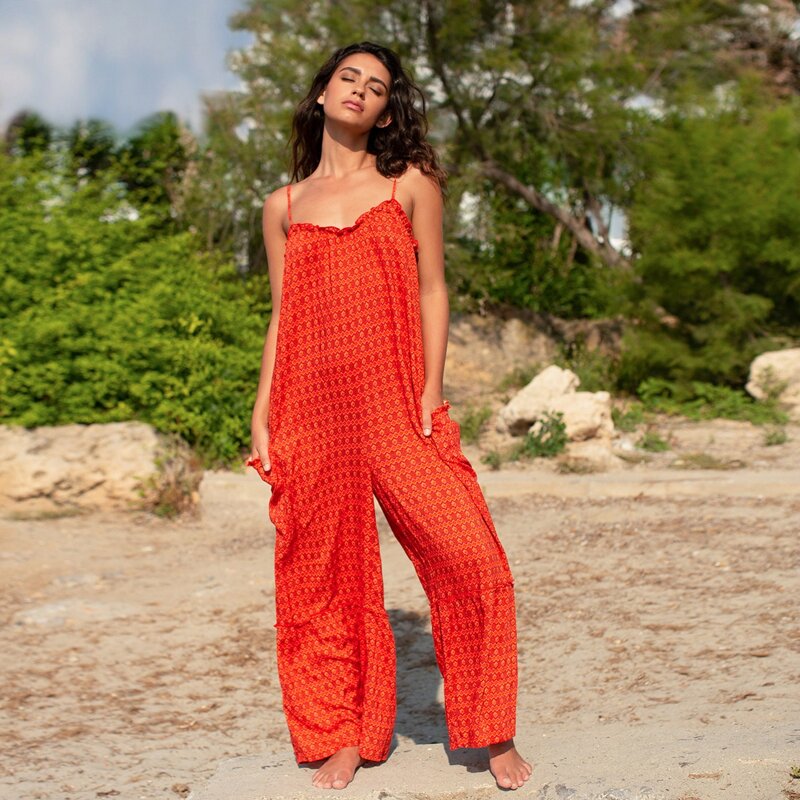 

Allover Print Wide Leg Cami Jumpsuit, Red