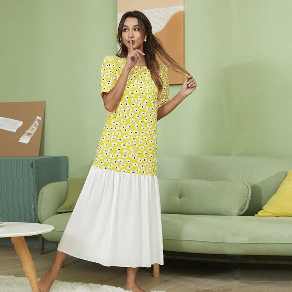 

Floral Print Ruffle Hem Dress, Yellow