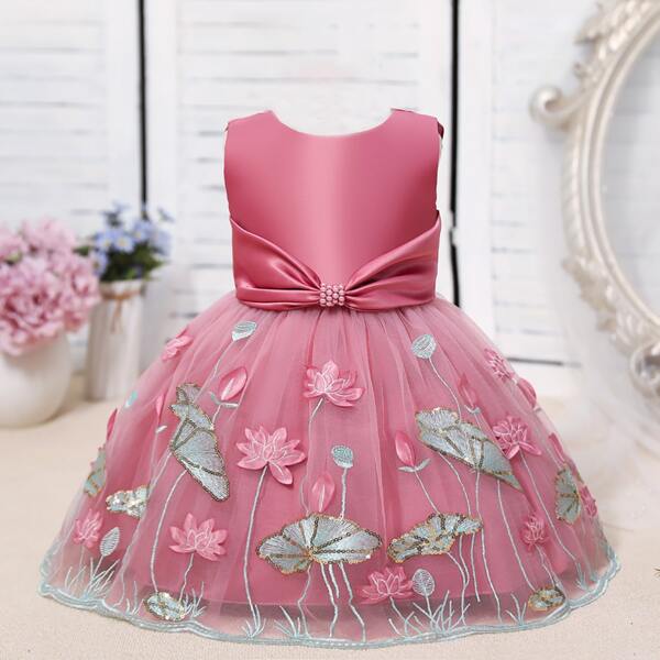 

Baby Girl Appliques Embroidery Mesh Gown Dress, Dusty pink
