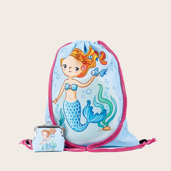 

Girls Cartoon Mermaid Graphic Backpack With Coin Case, Blue