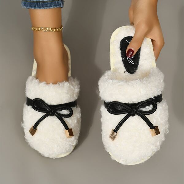 

Bow Decor Fluffy Bedroom Slippers, White