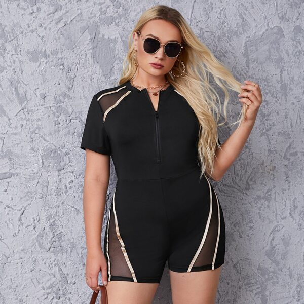 

Plus Contrast Mesh Tape Zipper Front Romper, Black
