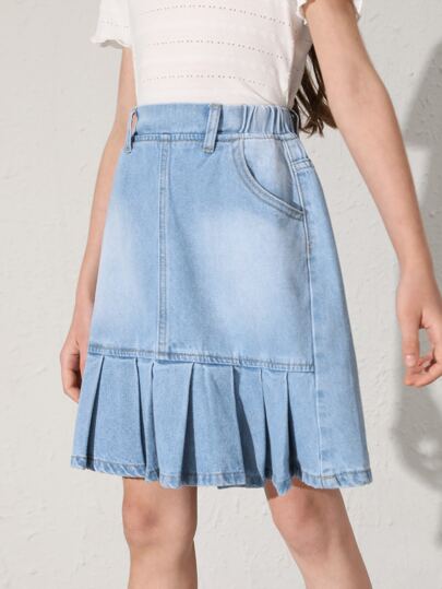 女孩百褶下擺牛仔半身裙