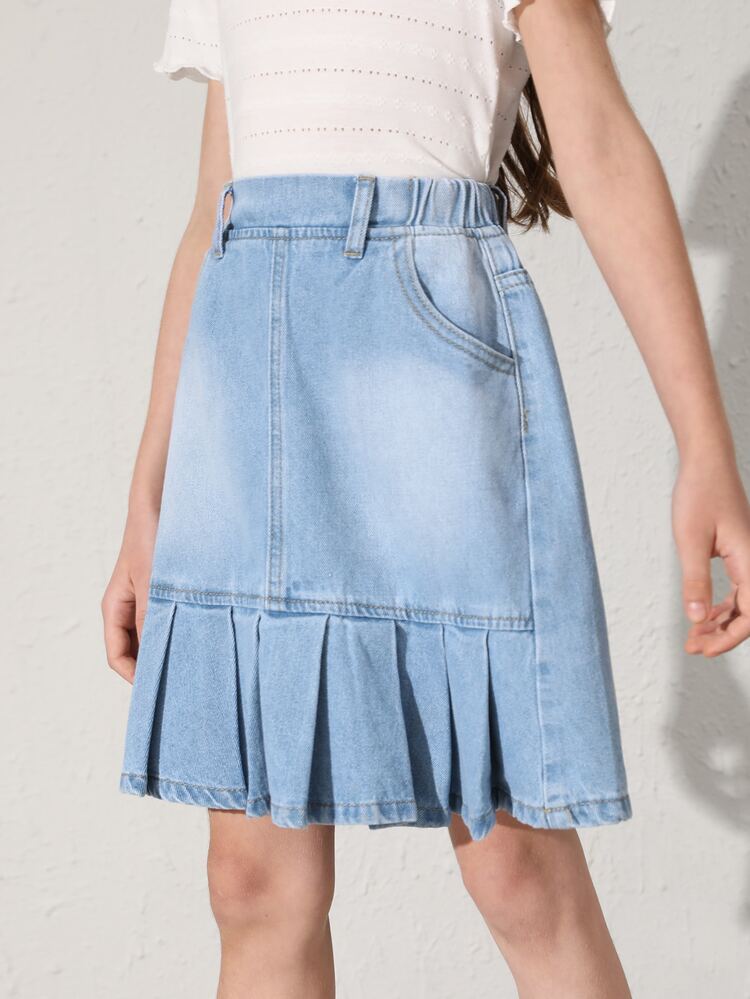 女孩百褶下擺牛仔半身裙 - 淺色水洗藍 - 查看 1