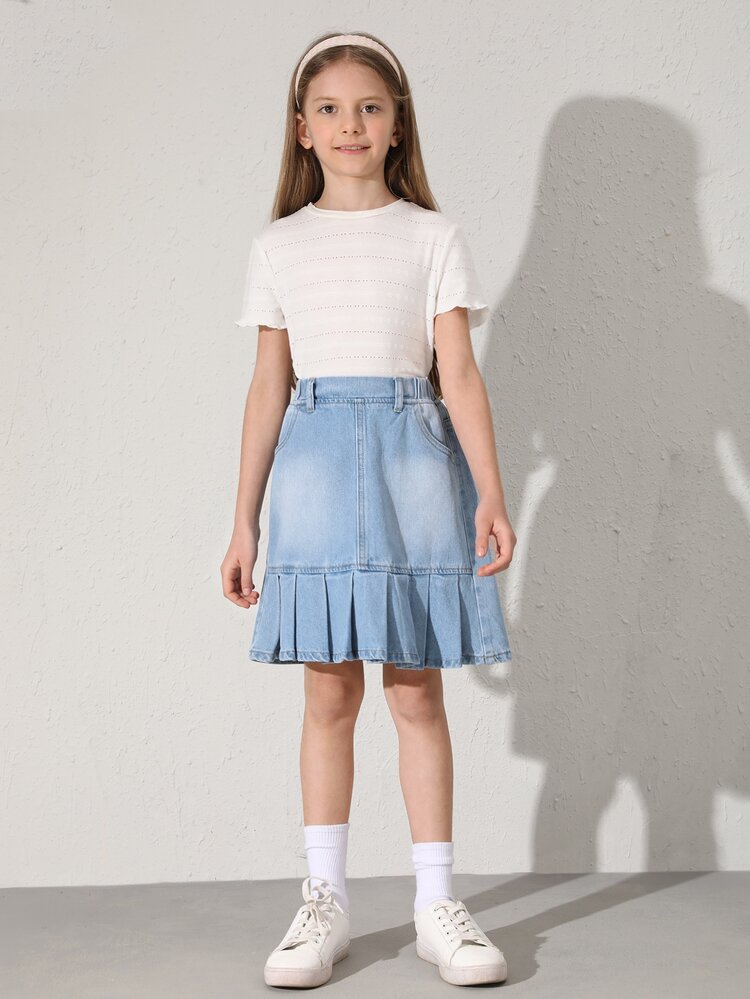 女孩百褶下擺牛仔半身裙 - 淺色水洗藍 - 查看 3