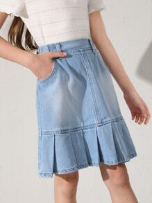 女孩百褶下擺牛仔半身裙 - 淺色水洗藍 - 查看 4