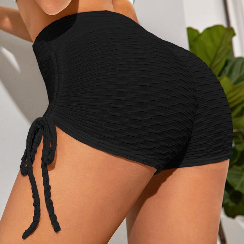 

Honeycomb Textured Drawstring Side Sports Shorts, Black