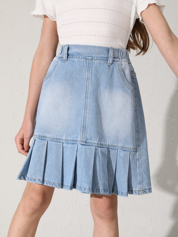 女孩百褶下擺牛仔半身裙 - 淺色水洗藍 - 查看 5