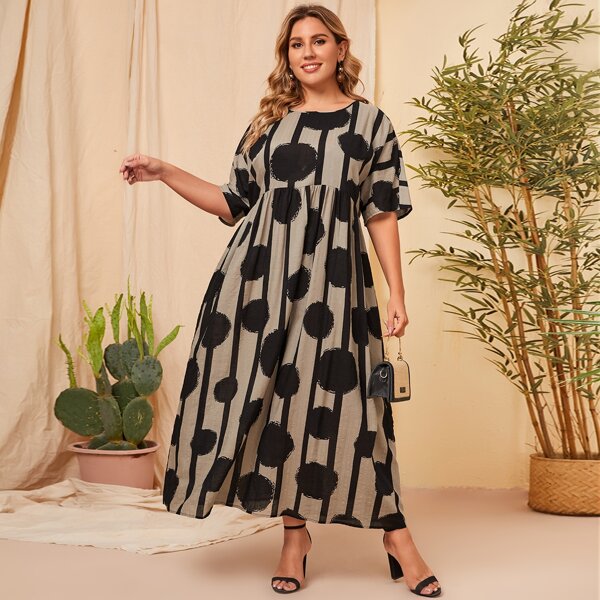 

Plus Stripe & Polka Dot Print Dress, Multicolor
