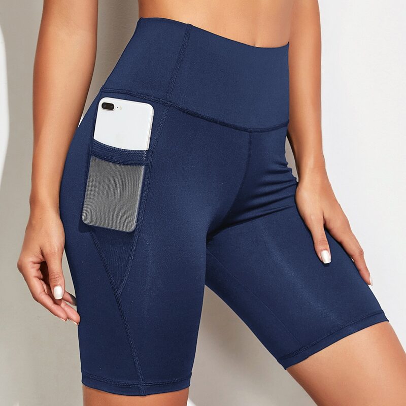 

Solid Biker Shorts With Phone Pocket, Navy blue