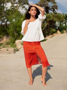 SHEIN Ruffle Cuff Peplum Top - White - View 1