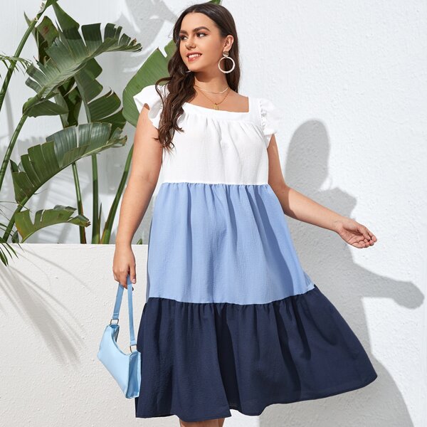 

Plus Cut And Sew Panel Ruffle Trim Smock Dress, Blue and white
