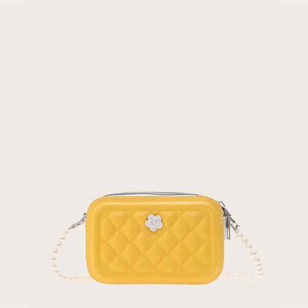 

Girls Faux Pearl Decor Quilted Crossbody Bag, Yellow