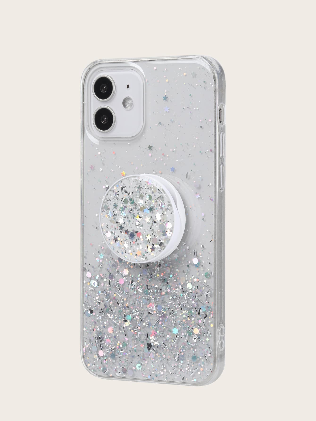 Glitter Phone Case With Stand-out Phone Grip - White - View 1