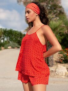 SHEIN Allover Print Cami Top and Shorts Set - Red - View 4