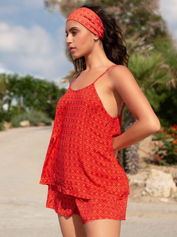 SHEIN Allover Print Cami Top and Shorts Set - Red - View 4