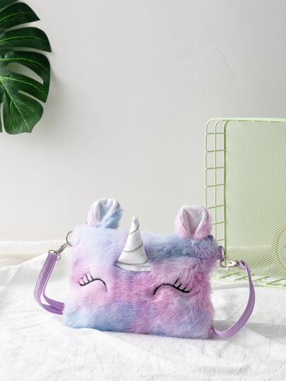 Girls Random Color Block Unicorn Design Fluffy Crossbody Bag