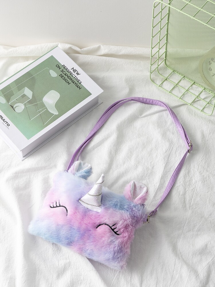 Girls Random Color Block Unicorn Design Fluffy Crossbody Bag - Multicolor - View 5