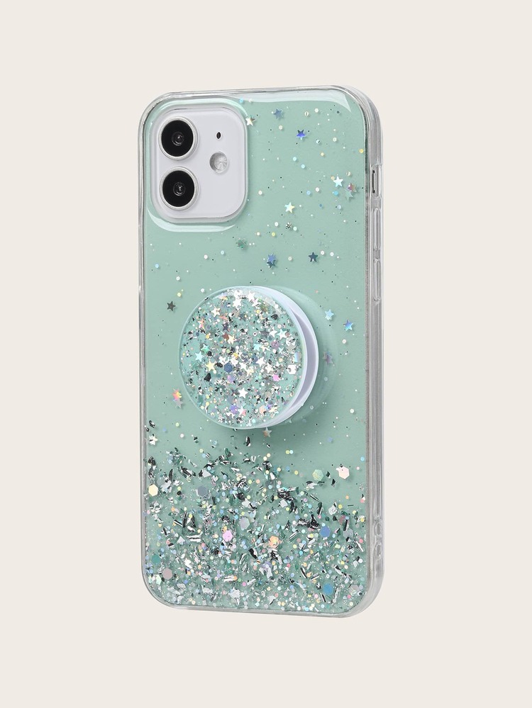 Glitter Phone Case With Stand-out Phone Grip - Green - View 1