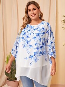 SHEIN Blusas Extra Grandes Asimétrico Floral Bohemio - Blanco - Ver 1