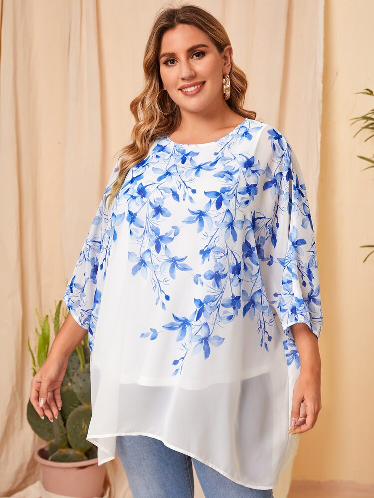 SHEIN Plus Floral Print Batwing Sleeve Top - White - View 1