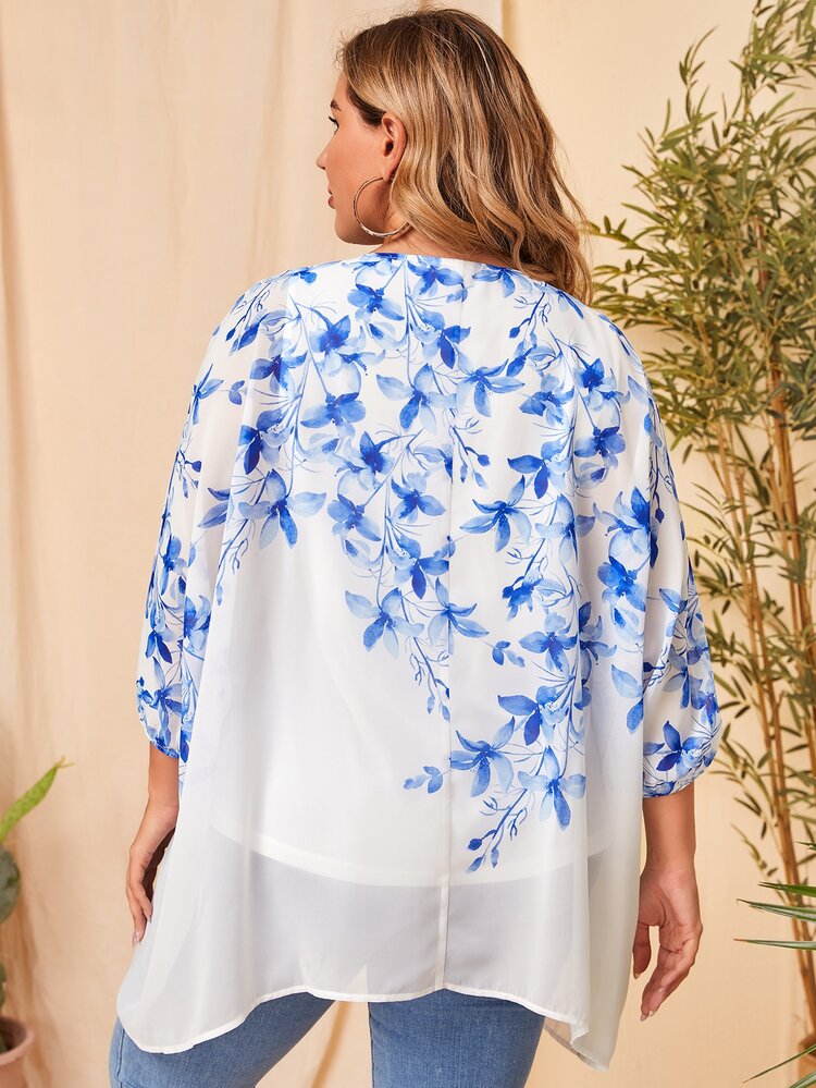 SHEIN Plus Floral Print Batwing Sleeve Top - White - View 2