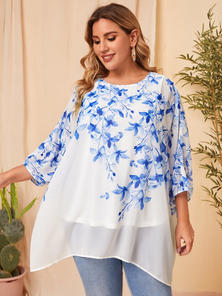 SHEIN Plus Floral Print Batwing Sleeve Top - White - View 4