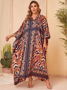 Al Najma Plus Scarf & Baroque Print Abaya - Multicolor - View 2