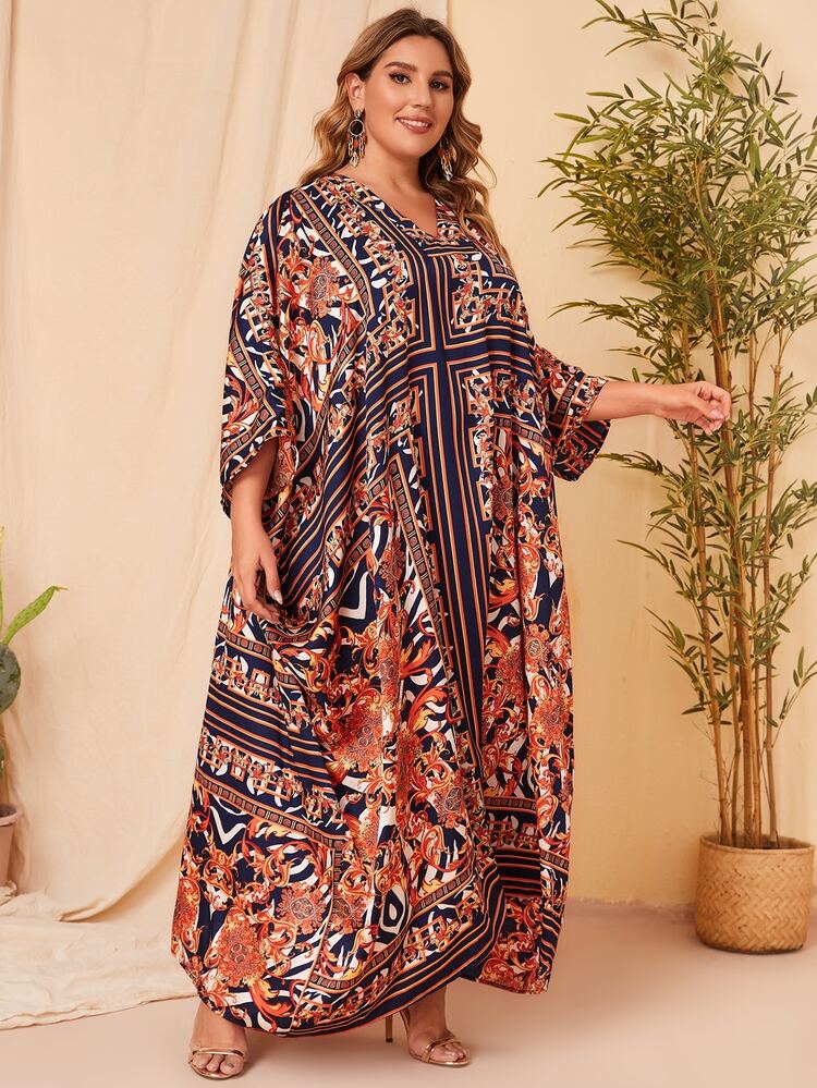 Al Najma Plus Scarf & Baroque Print Abaya - Multicolor - View 4