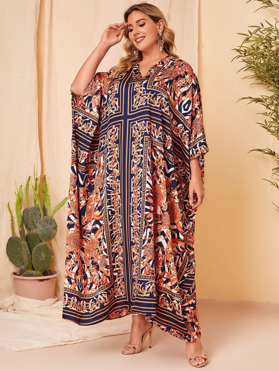 Al Najma Plus Scarf & Baroque Print Abaya - Multicolor - View 1