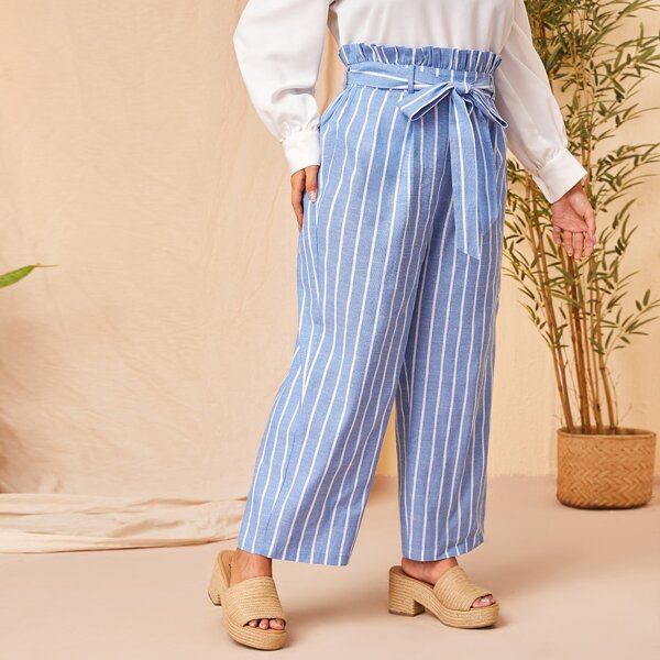 

Plus Striped Paperbag Waist Wide Leg Pants, Blue and white