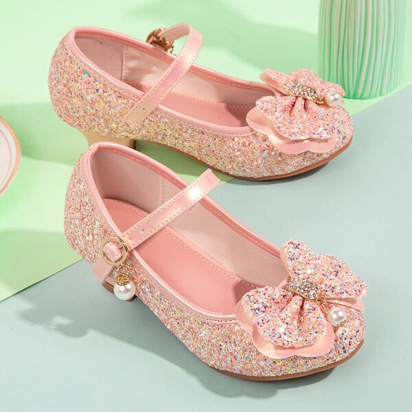 

Girls Bow Decor Glitter Mary Janes, Pink
