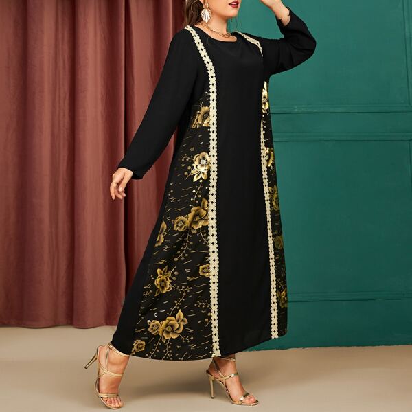 

Plus Floral Print Contrast Trimmed Tunic Dress, Black