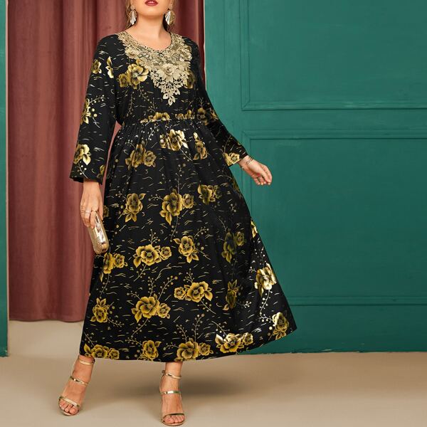 

Plus Gold Floral Print Contrast Lace A-line Dress, Black