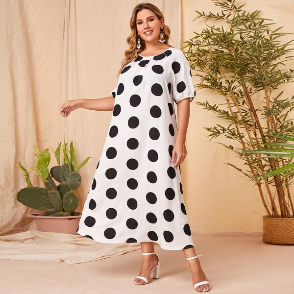 

Plus Polka Dot Print Dress, Black and white