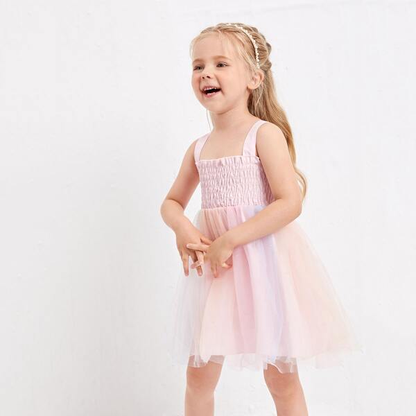 

Toddler Girls Shirred Bodice Ombre Mesh Cami Dress, Baby pink