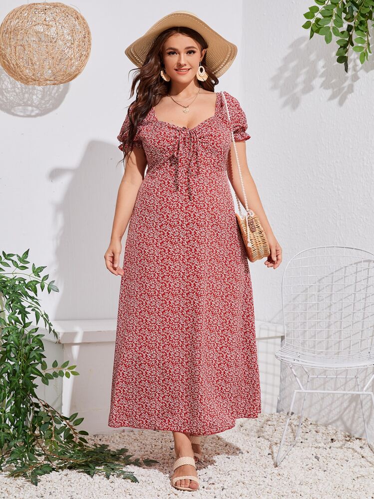 Mulvari Đầm Plus Size Dây kéo Xù Họa tiết hoa Boho - Đỏ - Xem 1