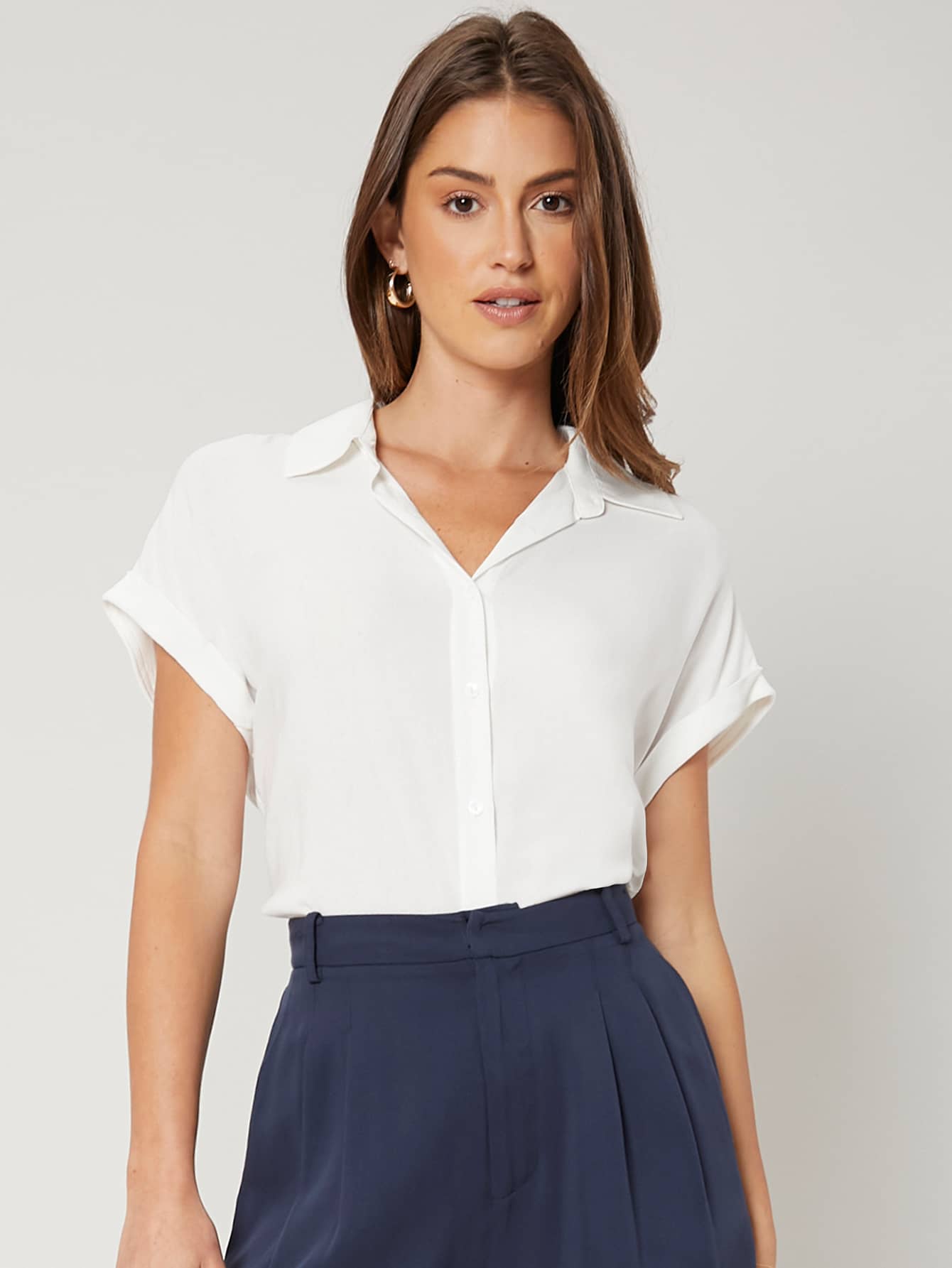 MOTF CAMISA DE MANGA TIPO MURCIÉLAGO CON PUÑOS SÓLIDOS - Blanco - Añade 10