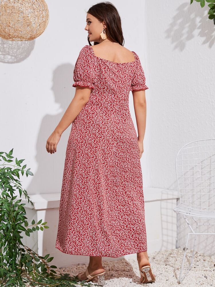 Mulvari Đầm Plus Size Dây kéo Xù Họa tiết hoa Boho - Đỏ - Xem 2