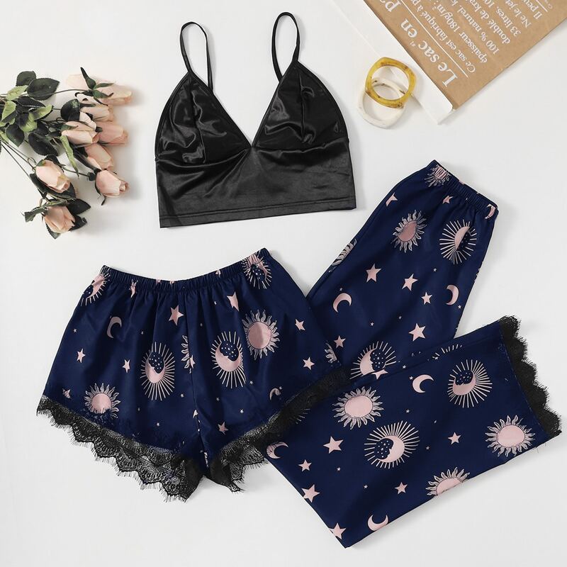 

Plus 3pcs Graphic Print Contrast Lace PJ Set, Multicolor
