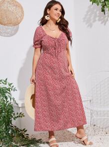 Mulvari 大碼小碎花荷葉袖A字型女僕洋裝 - 紅色 - 查看 3