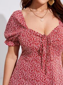 Mulvari 大碼小碎花荷葉袖A字型女僕洋裝 - 紅色 - 查看 4